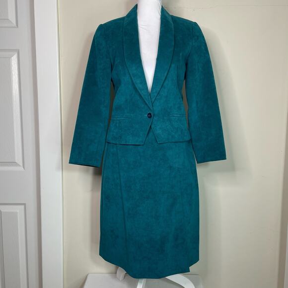 Vintage Samuel Robert by Peter Hatsi Androu Teal Ultra Suede Skirt Suit - Picture 2 of 12